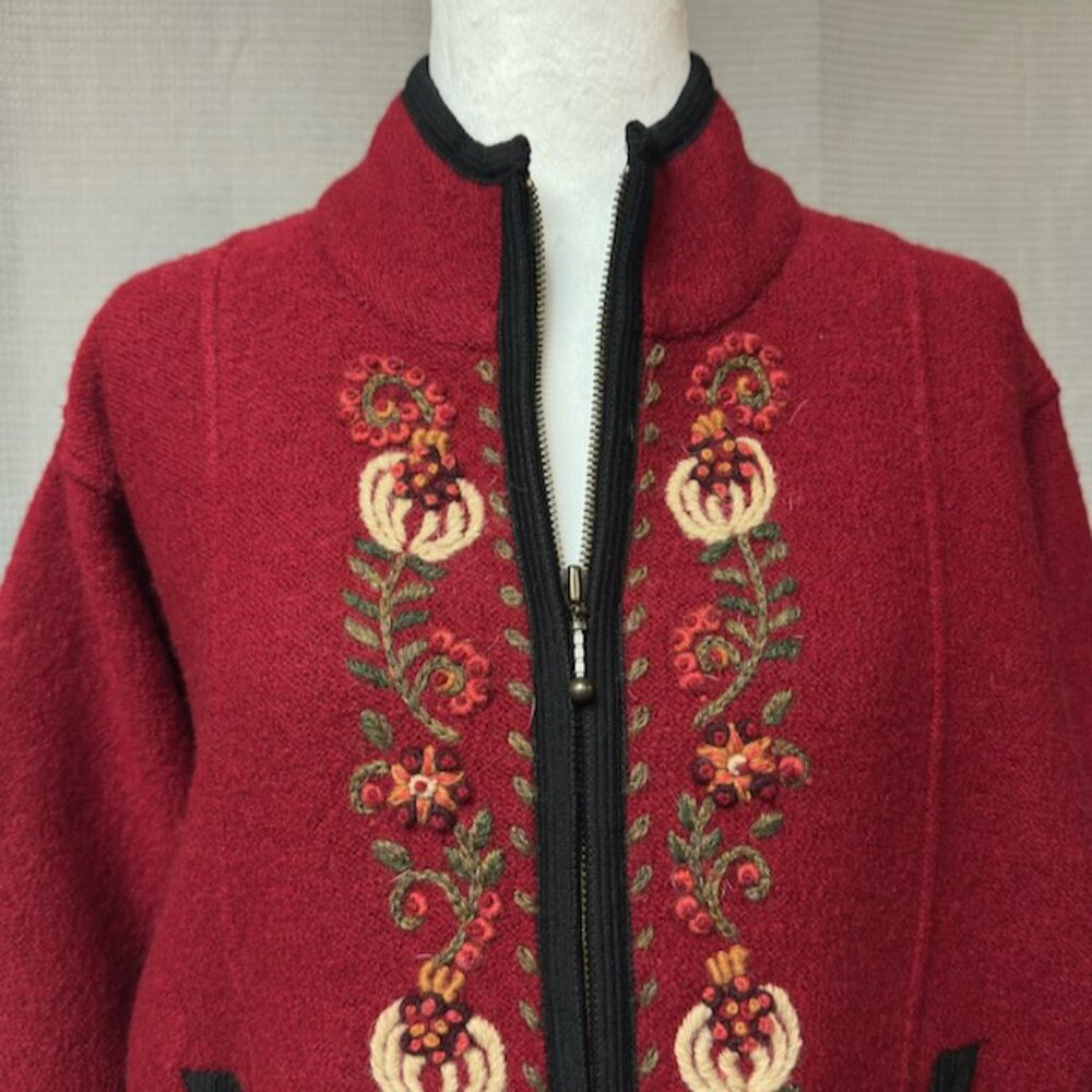 Icelandic Red Boiled Wool Zip-up Cardigan, holiday light jacket sweater size M